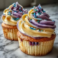 Fluffy Gemini Birthday Cupcakes topped with a vibrant swirl of dual-tone vanilla frosting.