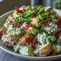 Creamy Juneteenth Soul Food Potato Salad with pickles, vibrant red onion, and tender potatoes.