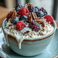 Creamy overnight oats with berries, chia, and flax ready for breakfast.